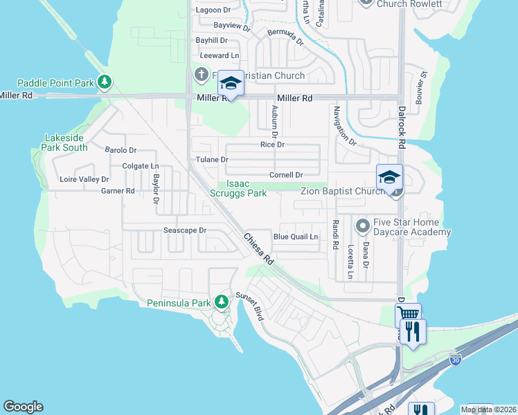 map of restaurants, bars, coffee shops, grocery stores, and more near 7818 Garner Road in Rowlett
