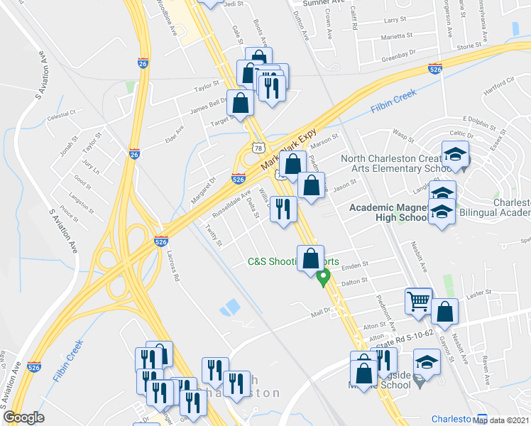 map of restaurants, bars, coffee shops, grocery stores, and more near 2110 Rebecca Street in North Charleston