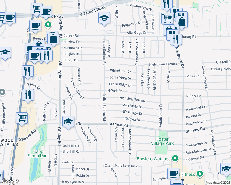 map of restaurants, bars, coffee shops, grocery stores, and more near 6436 North Park Drive in Watauga