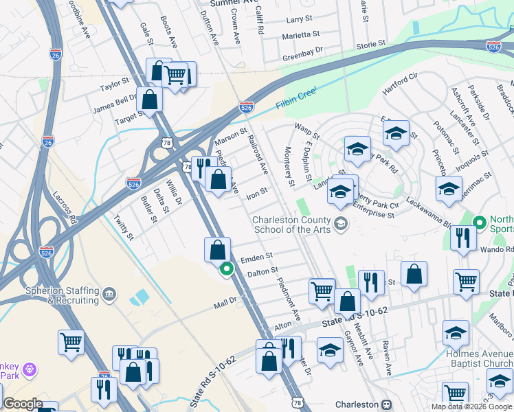map of restaurants, bars, coffee shops, grocery stores, and more near 1912 Harper Street in Charleston