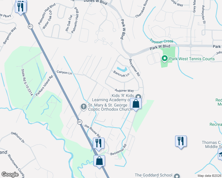map of restaurants, bars, coffee shops, grocery stores, and more near 2204 Andover Way in Mount Pleasant
