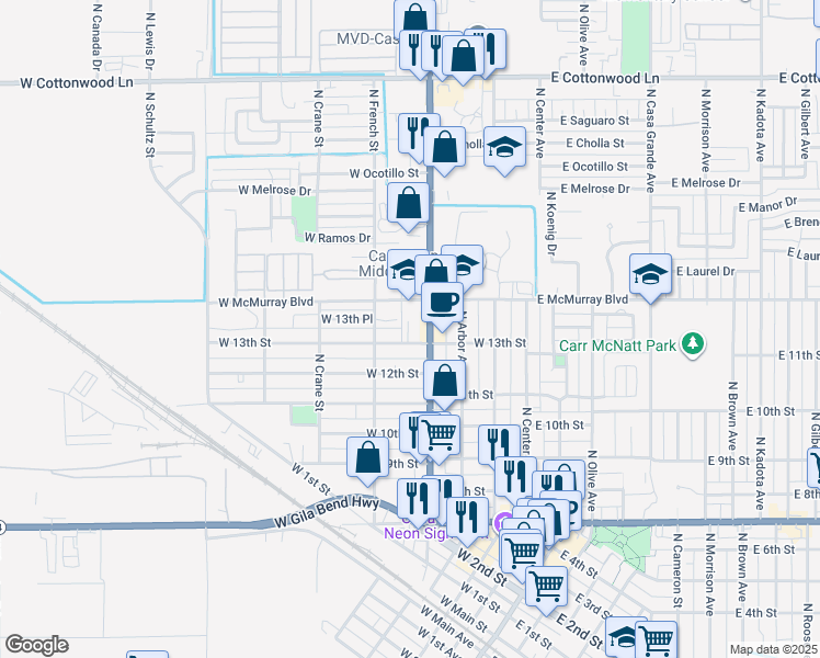 map of restaurants, bars, coffee shops, grocery stores, and more near 1315 Arizona 387 in Casa Grande