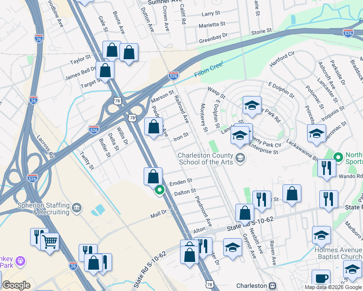 map of restaurants, bars, coffee shops, grocery stores, and more near 1912 Harper Street in Charleston
