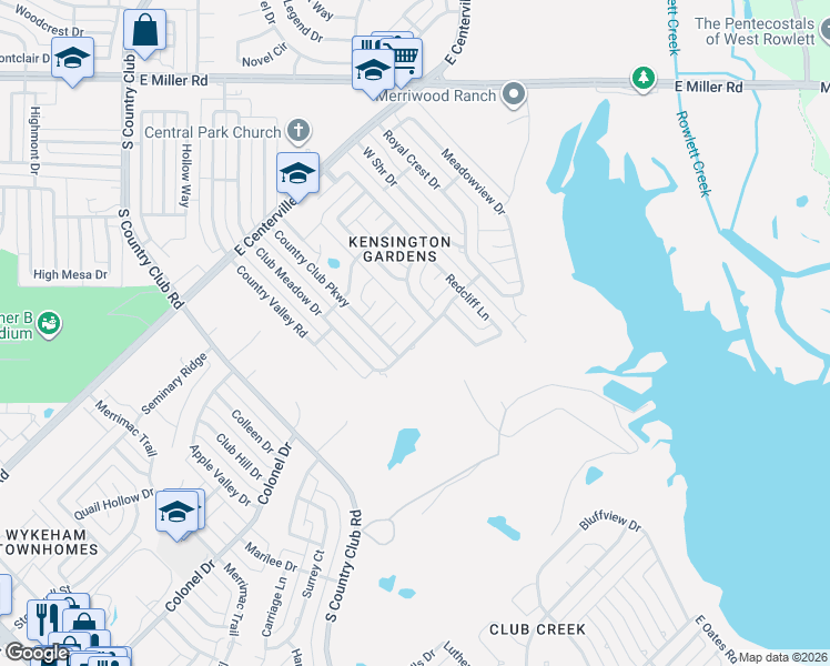 map of restaurants, bars, coffee shops, grocery stores, and more near 1610 Fairway Circle in Garland