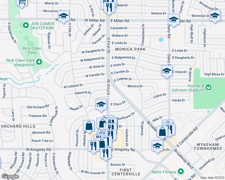 map of restaurants, bars, coffee shops, grocery stores, and more near Valencia Dr in Garland