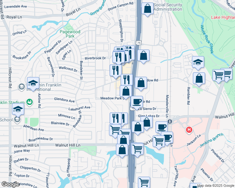 map of restaurants, bars, coffee shops, grocery stores, and more near 10209 Regal Oaks Drive in Dallas