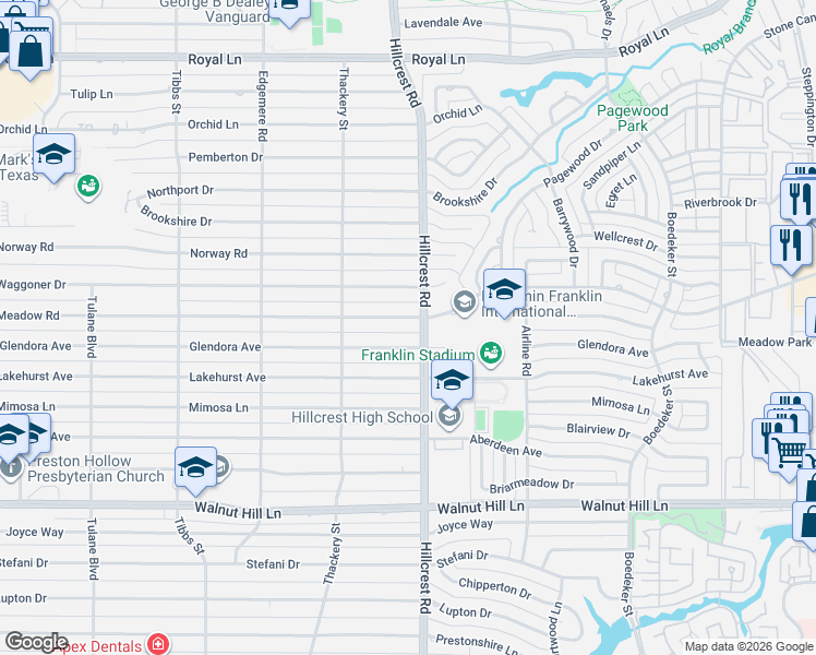 map of restaurants, bars, coffee shops, grocery stores, and more near 6822 Meadow Road in Dallas
