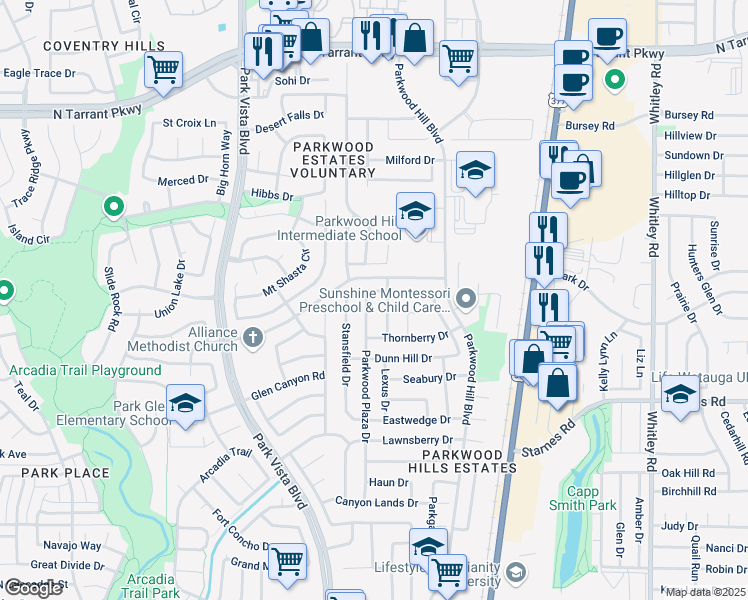map of restaurants, bars, coffee shops, grocery stores, and more near 7929 Parkwood Plaza Drive in Fort Worth