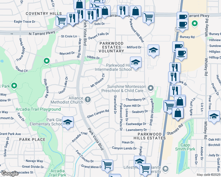 map of restaurants, bars, coffee shops, grocery stores, and more near 7924 Rogue River Trail in Fort Worth