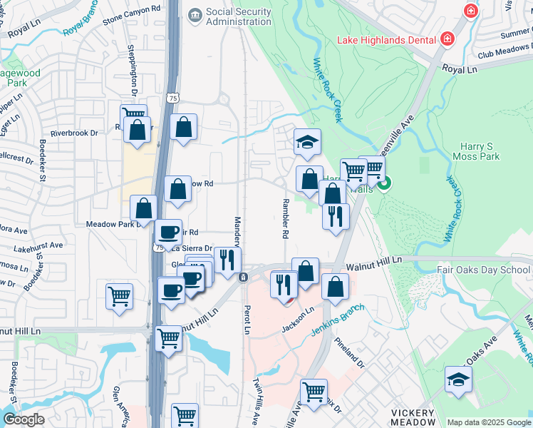 map of restaurants, bars, coffee shops, grocery stores, and more near 7615 Rambler Road in Dallas