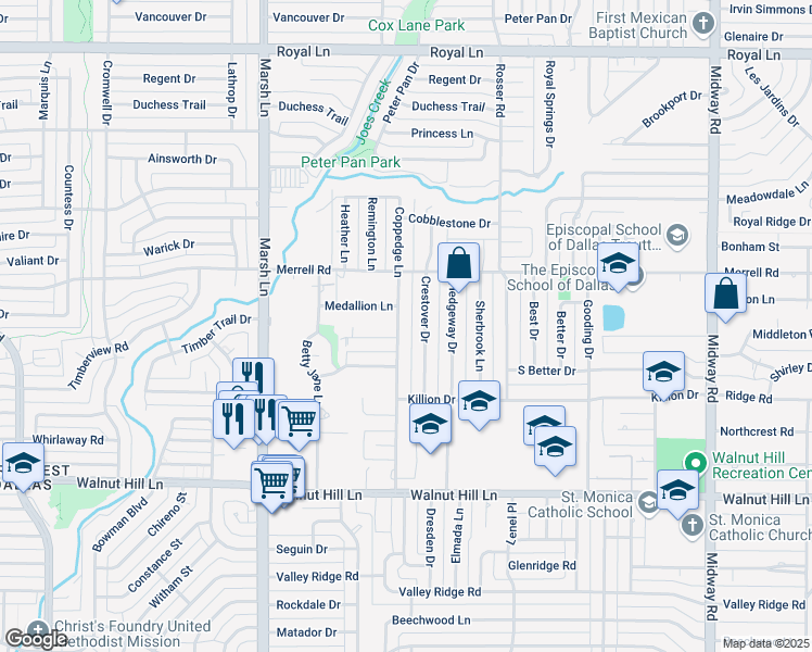 map of restaurants, bars, coffee shops, grocery stores, and more near 10236 Coppedge Lane in Dallas