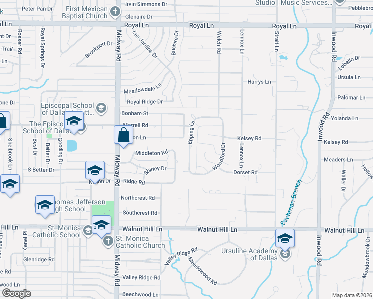 map of restaurants, bars, coffee shops, grocery stores, and more near 10255 Epping Lane in Dallas