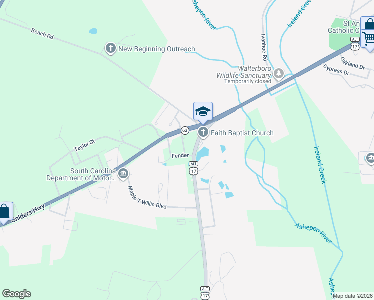 map of restaurants, bars, coffee shops, grocery stores, and more near 115 Kiser Street in Walterboro