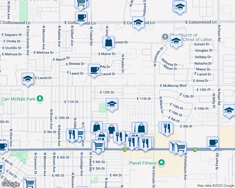 map of restaurants, bars, coffee shops, grocery stores, and more near 1149 East 12th Street in Casa Grande