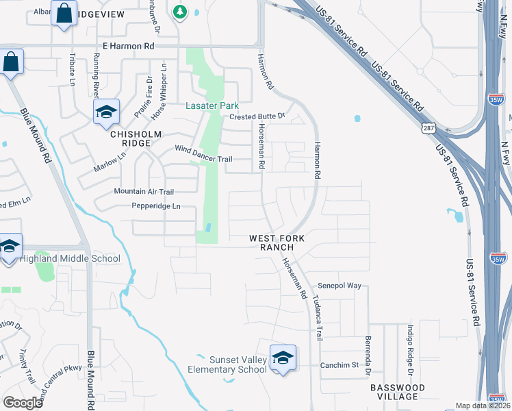 map of restaurants, bars, coffee shops, grocery stores, and more near Brahorn Lane in Fort Worth