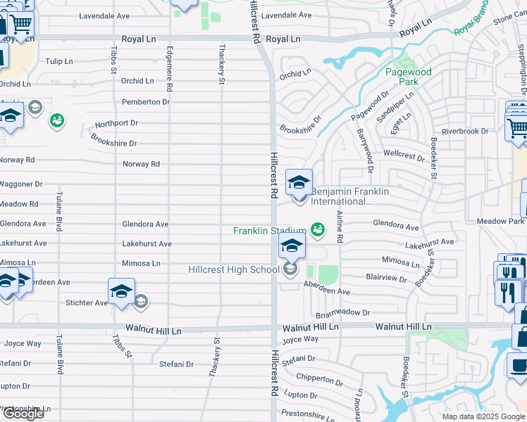 map of restaurants, bars, coffee shops, grocery stores, and more near 6822 Meadow Road in Dallas
