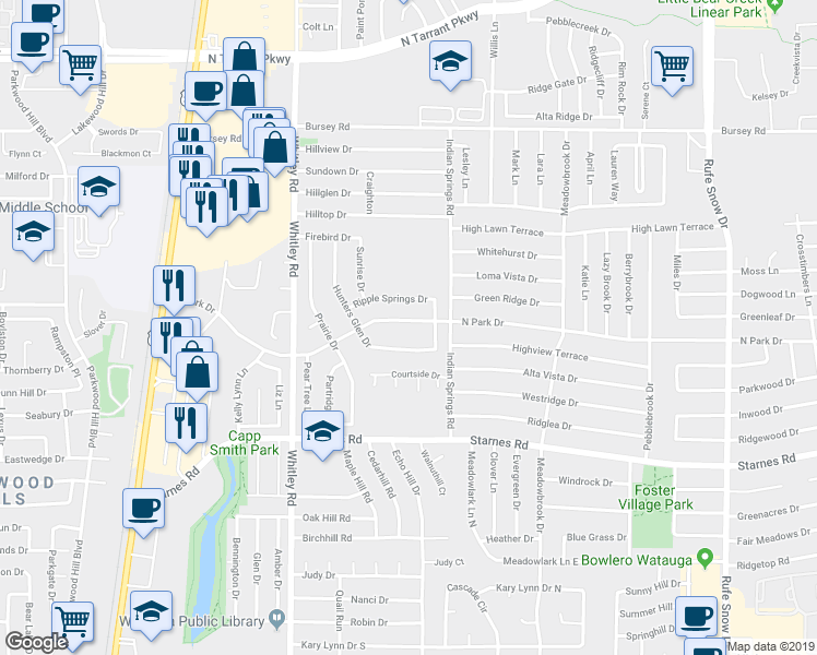 map of restaurants, bars, coffee shops, grocery stores, and more near 6336 North Park Drive in Watauga