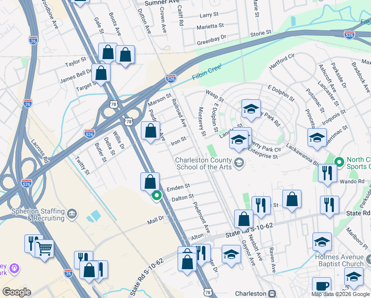 map of restaurants, bars, coffee shops, grocery stores, and more near 1912 Harper Street in Charleston