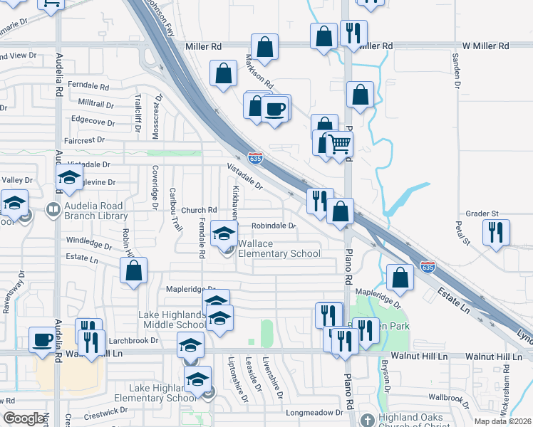 map of restaurants, bars, coffee shops, grocery stores, and more near 10424 Church Road in Dallas