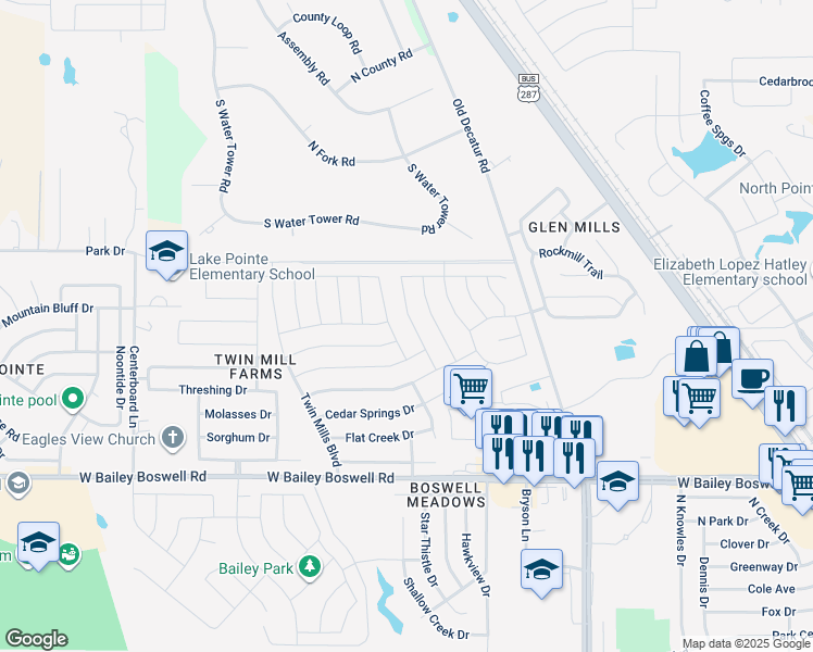 map of restaurants, bars, coffee shops, grocery stores, and more near 9045 Pearfield Road in Fort Worth