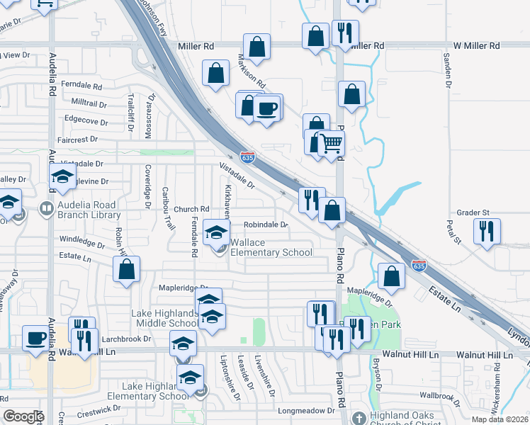 map of restaurants, bars, coffee shops, grocery stores, and more near 10424 Church Road in Dallas