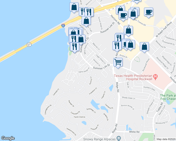 map of restaurants, bars, coffee shops, grocery stores, and more near 1128 Signal Ridge Place in Rockwall