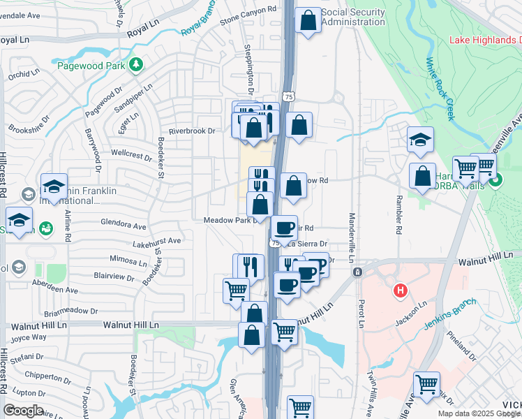 map of restaurants, bars, coffee shops, grocery stores, and more near 10219 North Central Expressway in Dallas