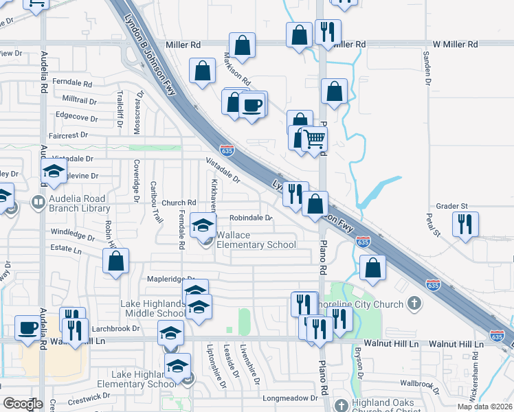 map of restaurants, bars, coffee shops, grocery stores, and more near 10424 Church Road in Dallas