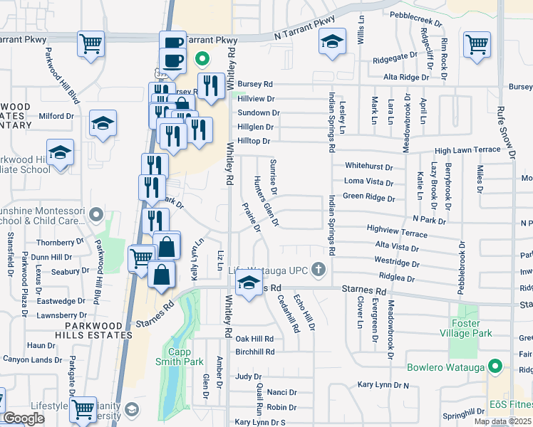 map of restaurants, bars, coffee shops, grocery stores, and more near 7801 Hunters Glen Drive in Watauga