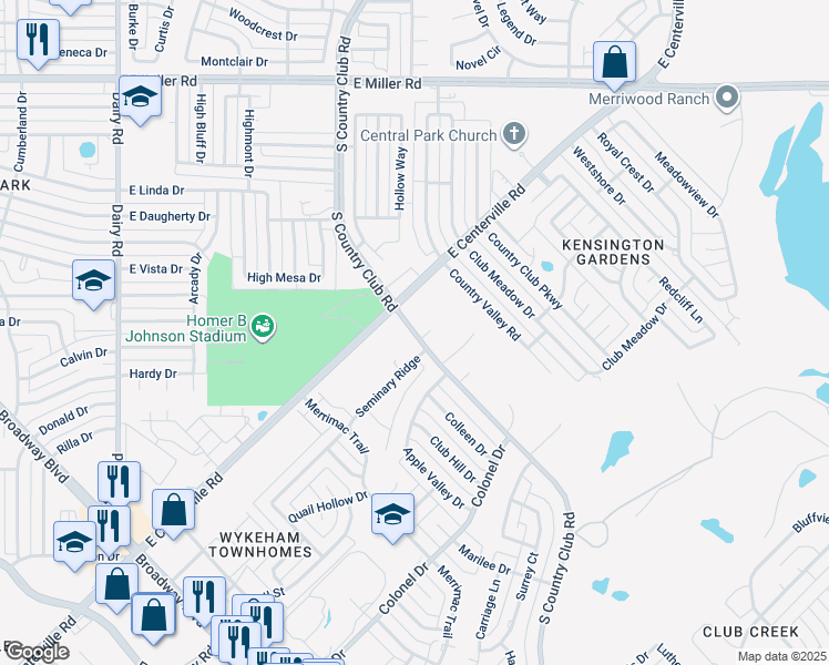 map of restaurants, bars, coffee shops, grocery stores, and more near 2645 South Country Club Road West in Garland