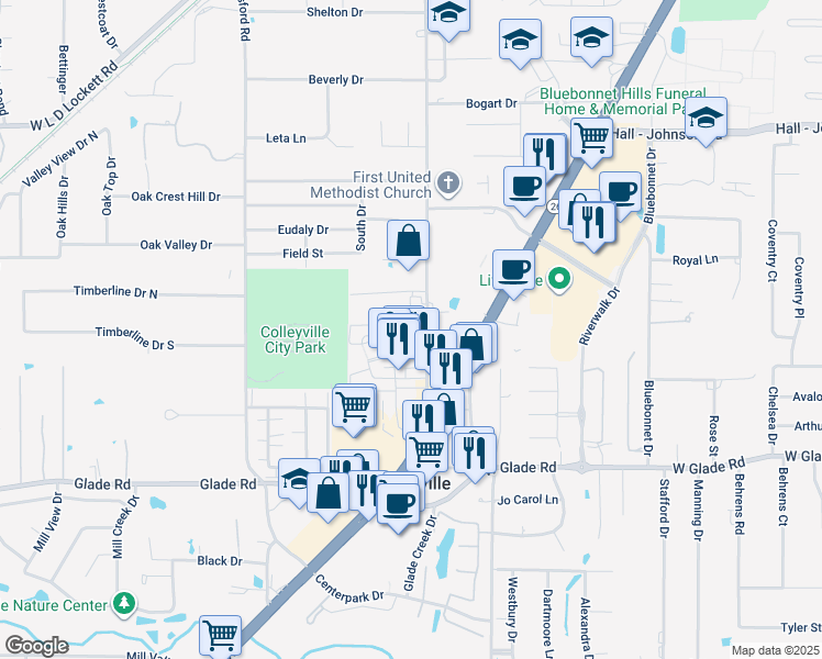 map of restaurants, bars, coffee shops, grocery stores, and more near 44 Veranda Lane in Colleyville