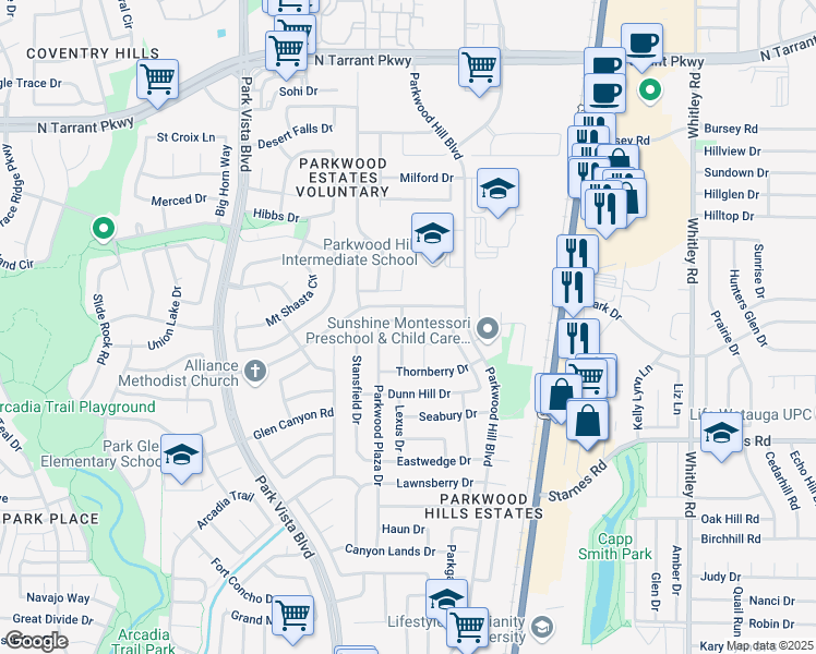 map of restaurants, bars, coffee shops, grocery stores, and more near 5516 Cranberry Drive in Fort Worth