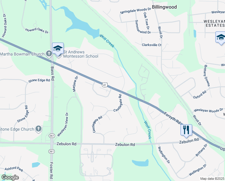 map of restaurants, bars, coffee shops, grocery stores, and more near 103 Manor Row in Macon