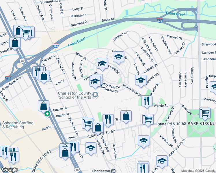 map of restaurants, bars, coffee shops, grocery stores, and more near 4945 West Liberty Park Circle in North Charleston