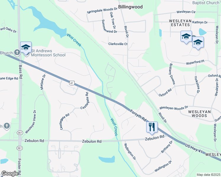 map of restaurants, bars, coffee shops, grocery stores, and more near 5228 Forsyth Road in Macon