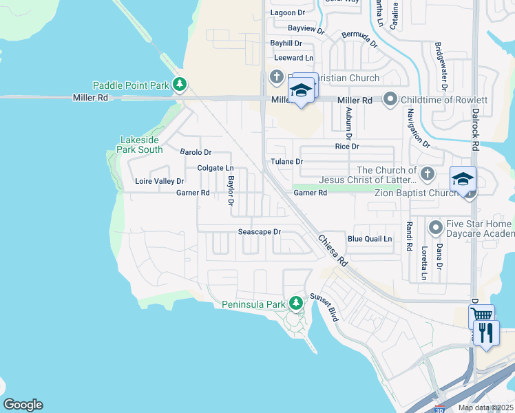 map of restaurants, bars, coffee shops, grocery stores, and more near 2601 College Park Drive in Rowlett