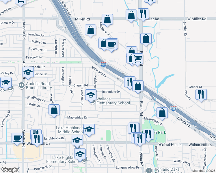 map of restaurants, bars, coffee shops, grocery stores, and more near 10424 Church Road in Dallas