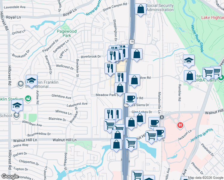 map of restaurants, bars, coffee shops, grocery stores, and more near 10209 Regal Oaks Drive in Dallas