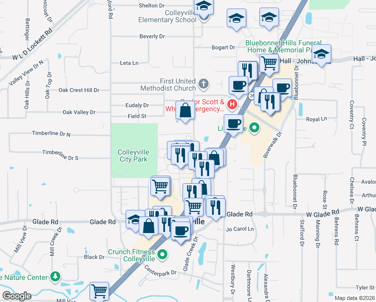 map of restaurants, bars, coffee shops, grocery stores, and more near 44 Veranda Lane in Colleyville