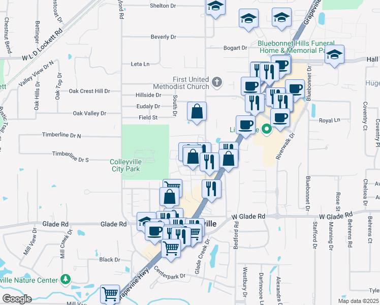 map of restaurants, bars, coffee shops, grocery stores, and more near 44 Veranda Lane in Colleyville