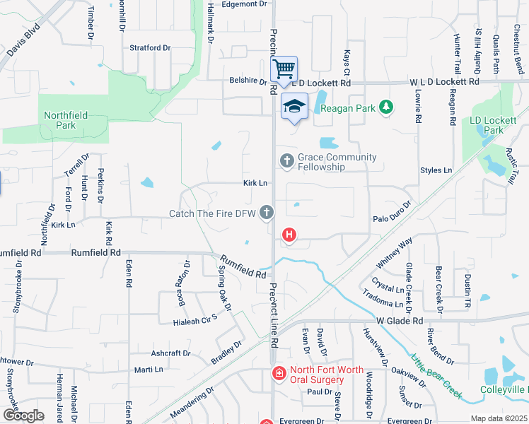 map of restaurants, bars, coffee shops, grocery stores, and more near 7609 Precinct Line Road in North Richland Hills