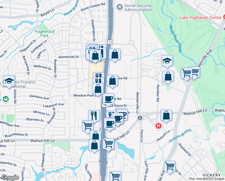 map of restaurants, bars, coffee shops, grocery stores, and more near 10212 East Service Road in Dallas