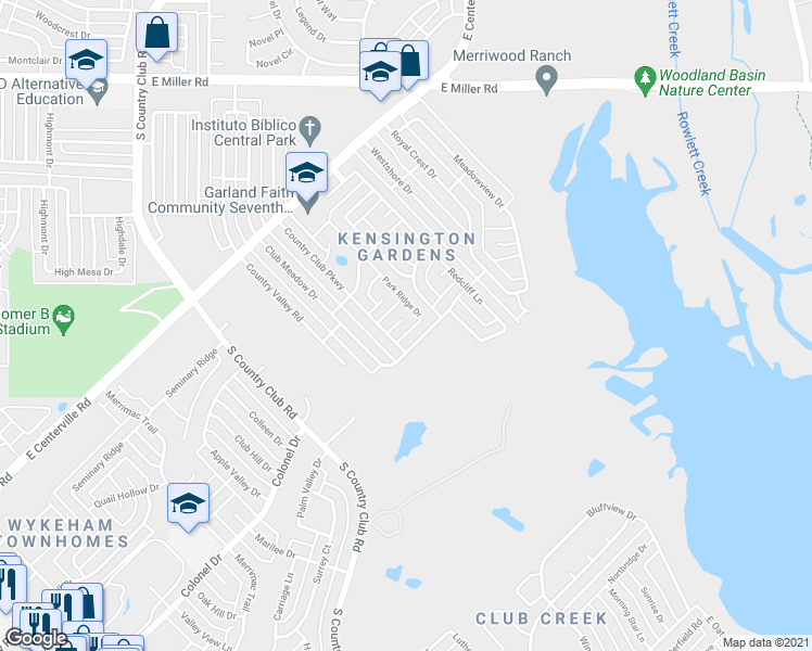 map of restaurants, bars, coffee shops, grocery stores, and more near 1610 Fairway Cir in Garland