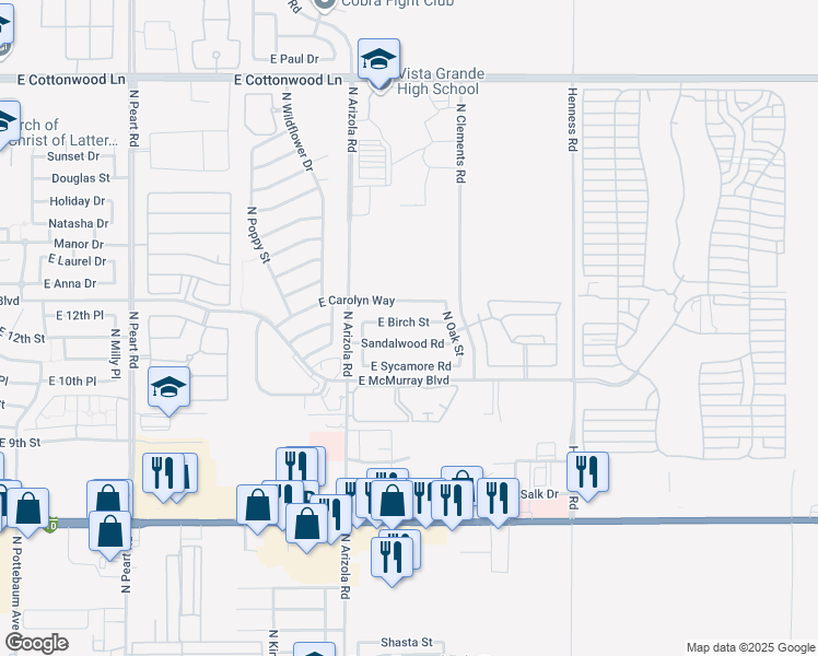 map of restaurants, bars, coffee shops, grocery stores, and more near 1751 East Birch Street in Casa Grande