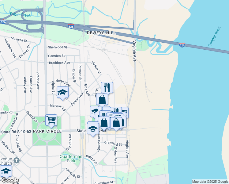 map of restaurants, bars, coffee shops, grocery stores, and more near 4918 O'Hear Avenue in North Charleston