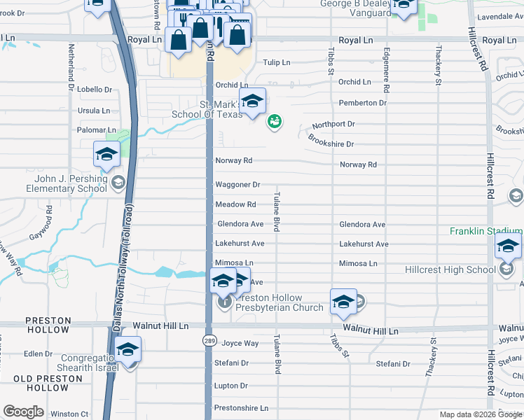map of restaurants, bars, coffee shops, grocery stores, and more near 6110 Meadow Road in Dallas