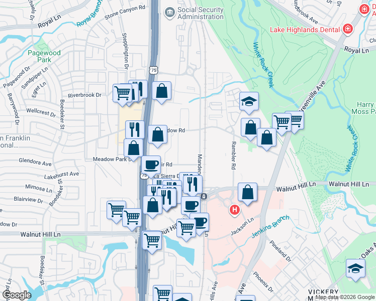 map of restaurants, bars, coffee shops, grocery stores, and more near 7777 Manderville Lane in Dallas