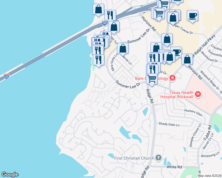 map of restaurants, bars, coffee shops, grocery stores, and more near 927 Signal Ridge Place in Rockwall