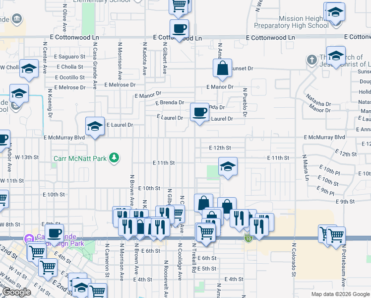 map of restaurants, bars, coffee shops, grocery stores, and more near 1116 North Coolidge Avenue in Casa Grande