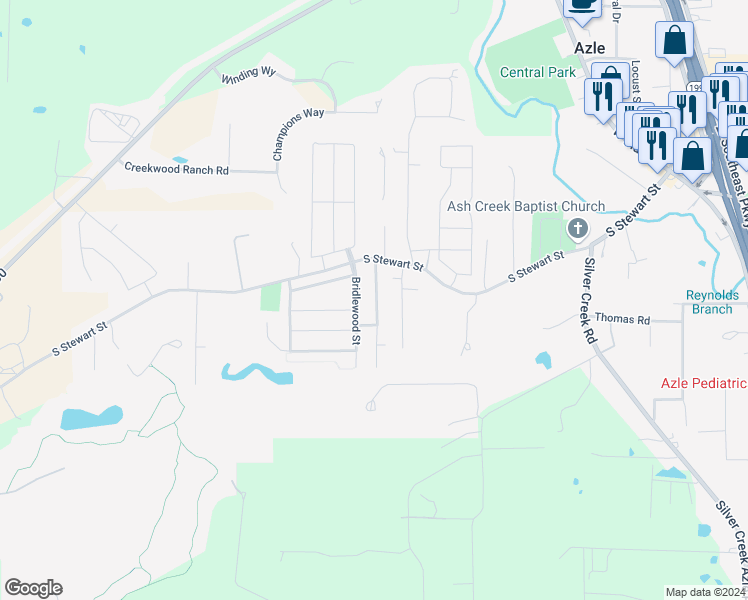 map of restaurants, bars, coffee shops, grocery stores, and more near 128A Stewart Bend Court in Azle